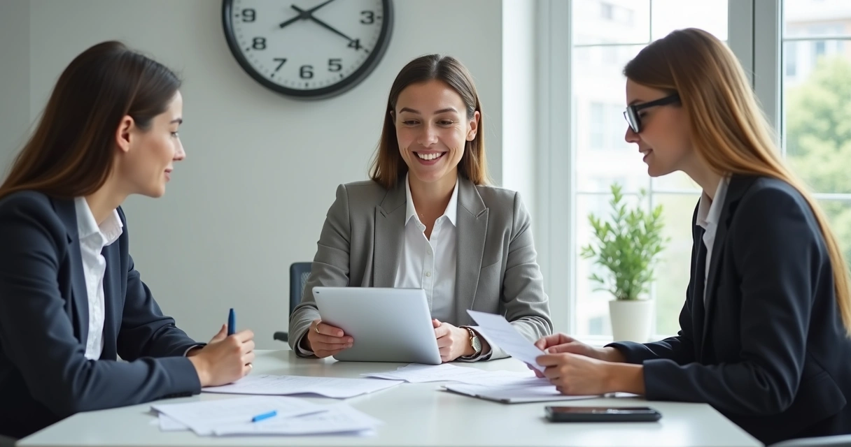 Reunião entre gestor de RH e funcionários discutindo folha de ponto 