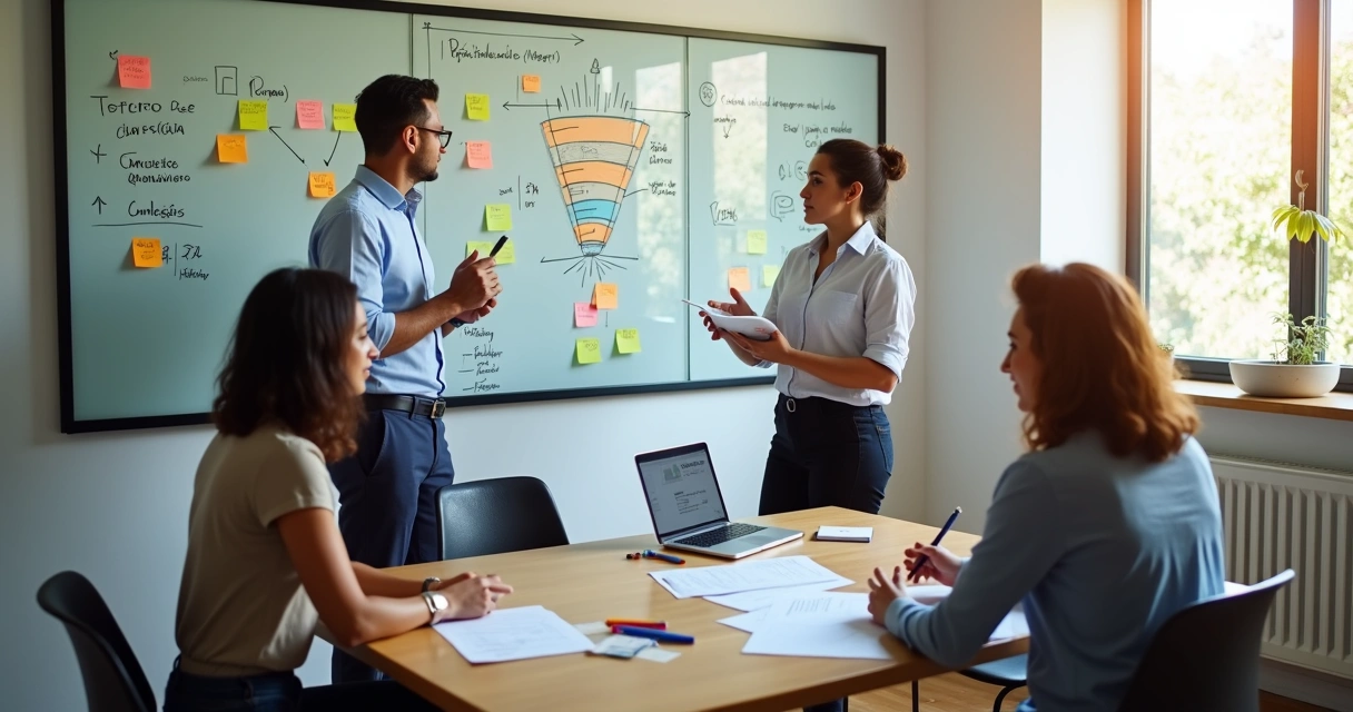 Equipe de RH de pequena empresa analisando dados de recrutamento em quadro branco 