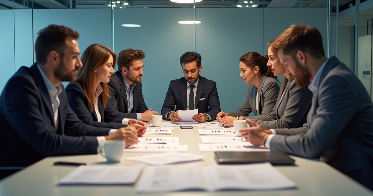 Equipe de RH reunida discutindo currículos 