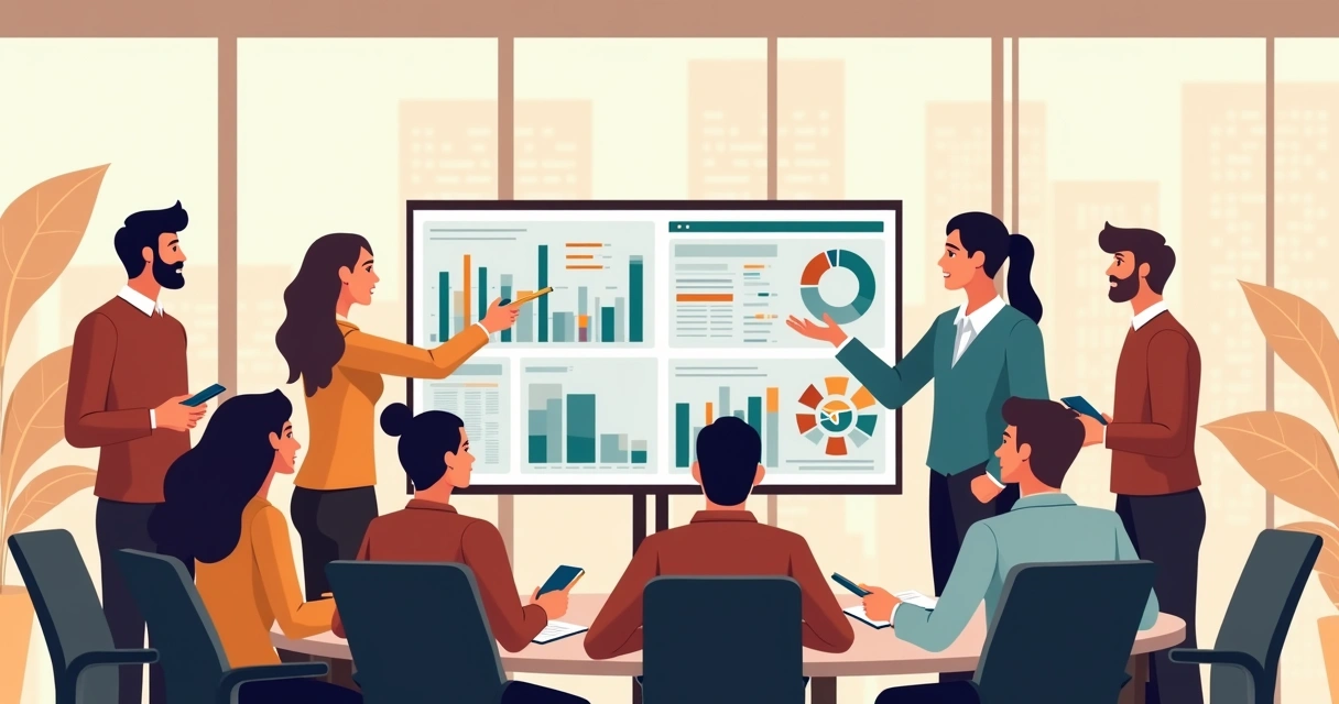 Equipe de RH analisando gráficos e dados em telas digitais 