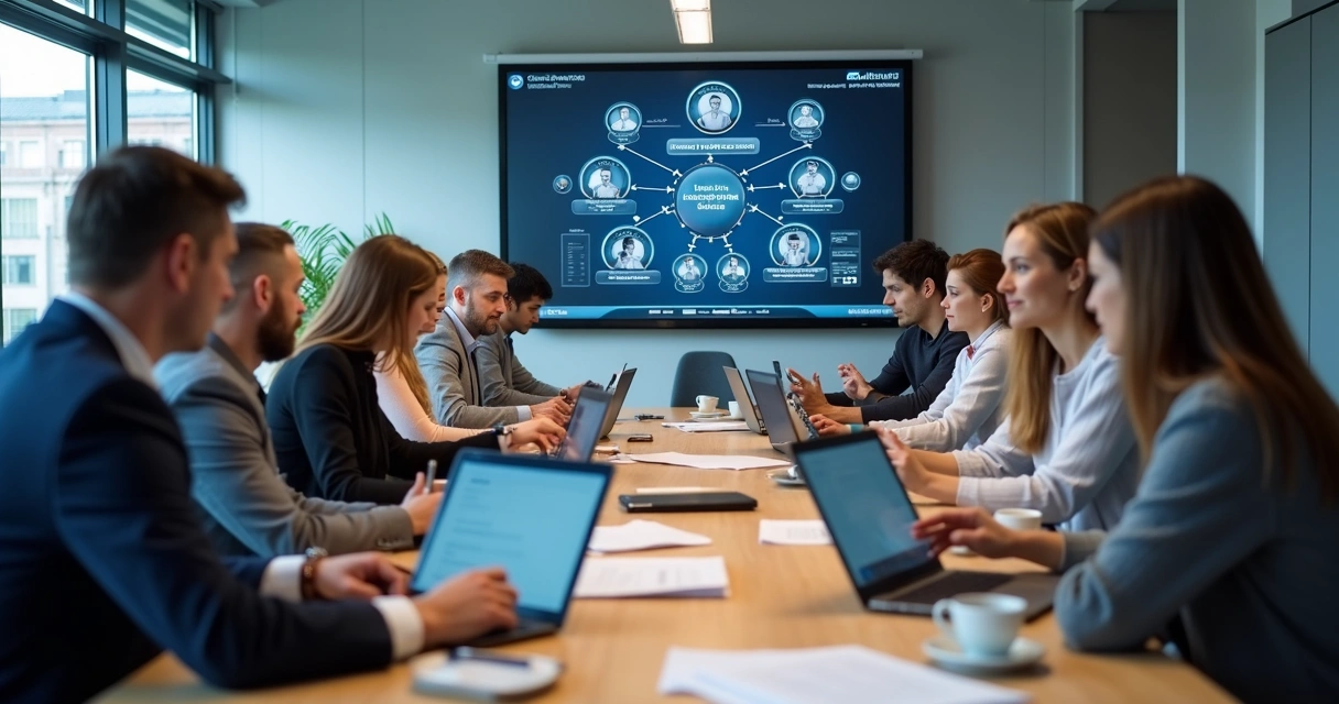 Equipe de RH reunida fazendo processo seletivo com IA 