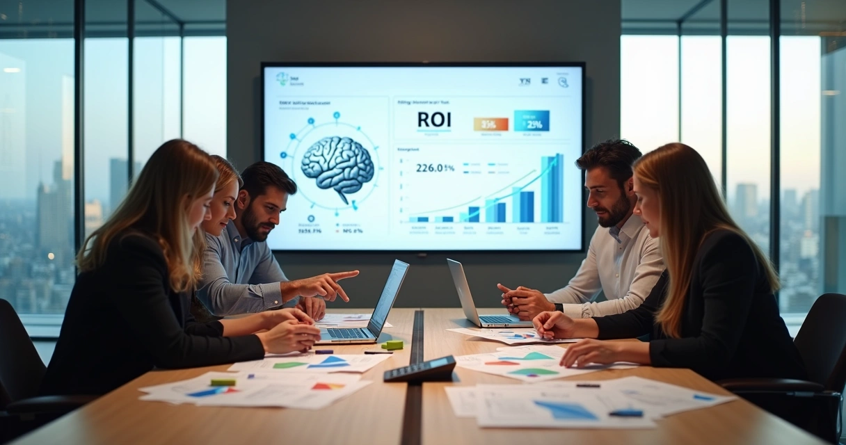 Equipe de RH reunida em mesa analisando gráficos de ROI e ícones de IA 
