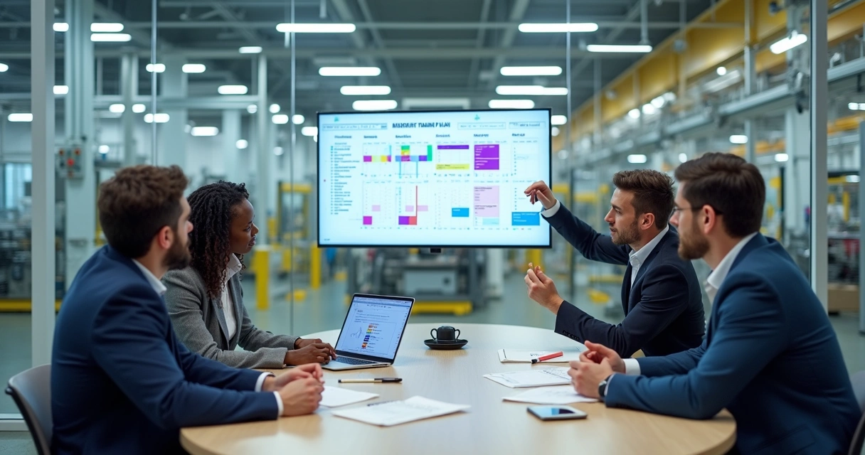 Equipe de RH em sala de reunião industrial planejando treinamentos obrigatórios 