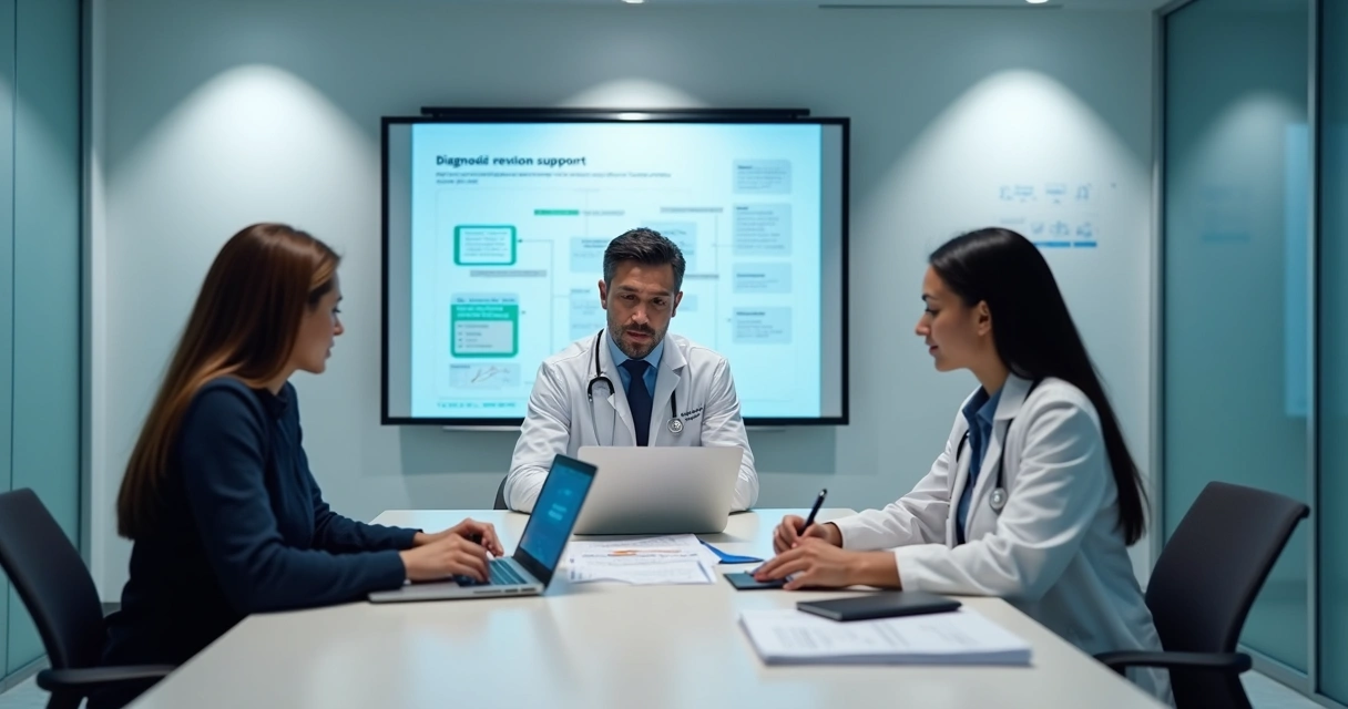 Equipe médica debatendo protocolo de uso de IA em clínica