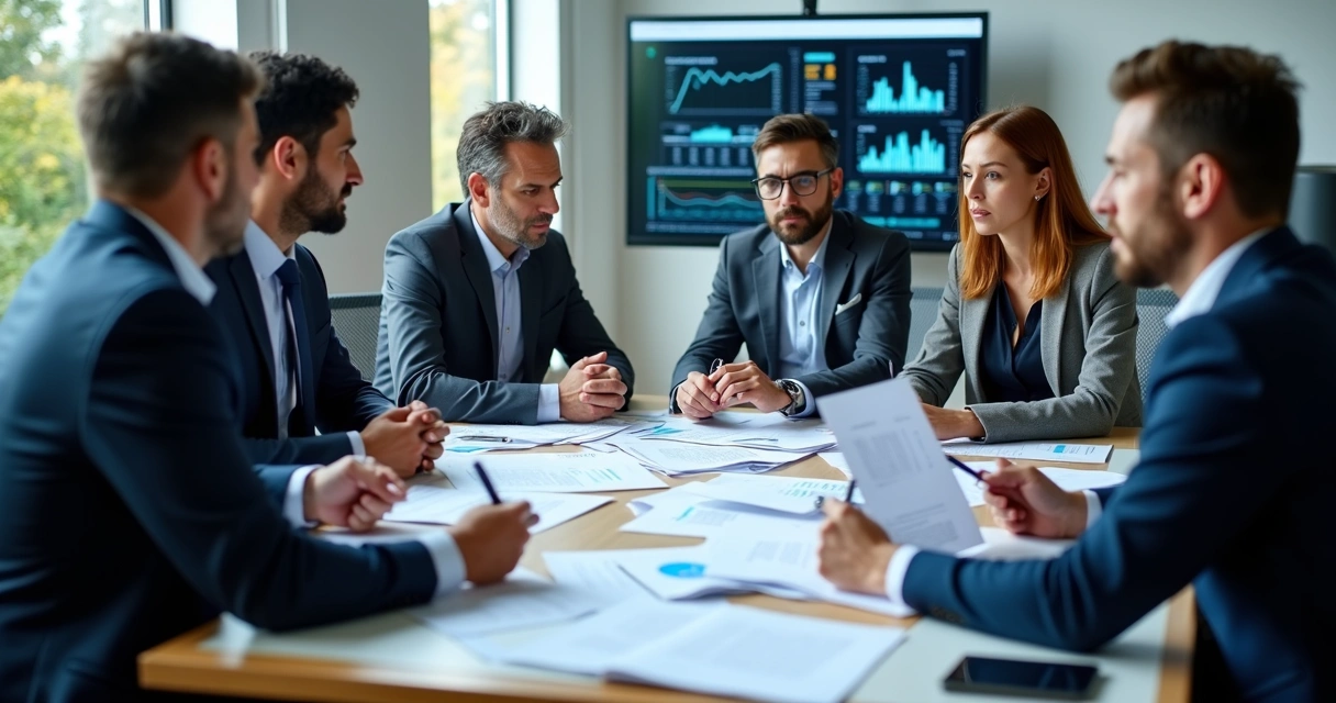 Equipe de operações em reunião analisando relatórios de risco e fraudes