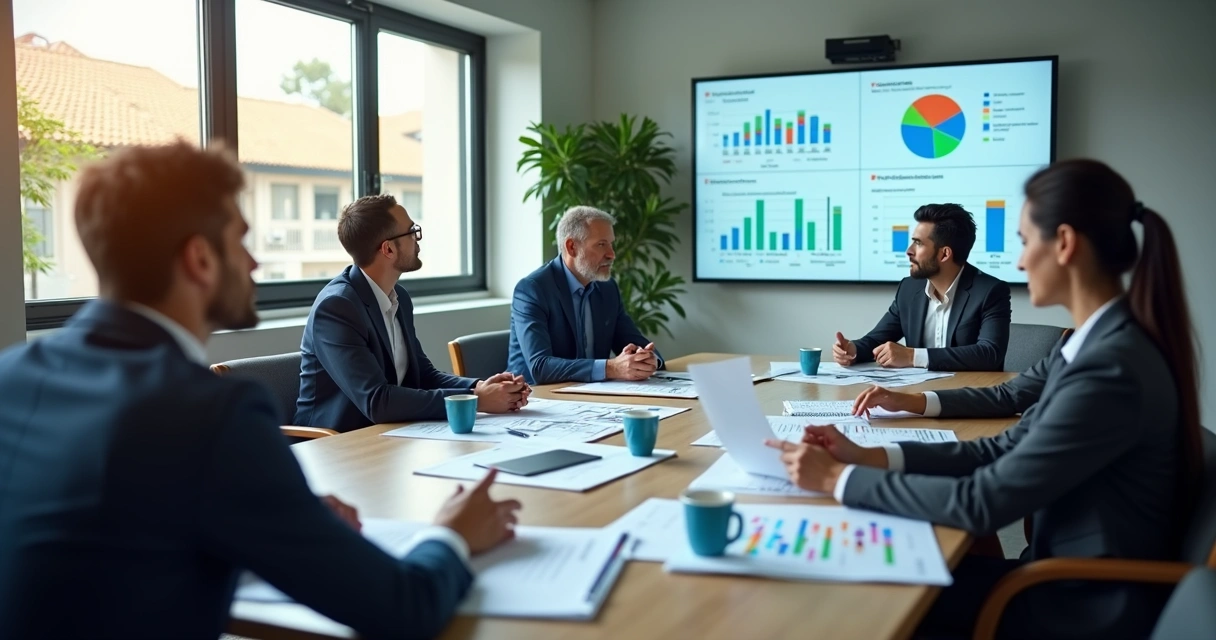 Equipe analisando riscos climáticos em sala de reunião 