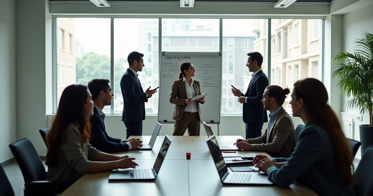 Equipe em reunião curta com quadro de prioridades