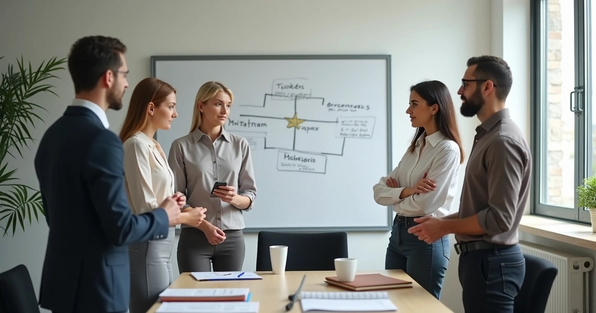 Equipe em reunião curta com quadro de prioridades e escuta ativa 