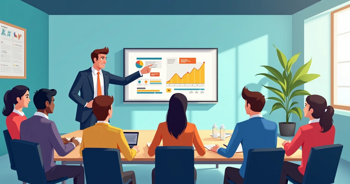 Reunião semanal de time comercial, equipe vendo KPIs na tela 