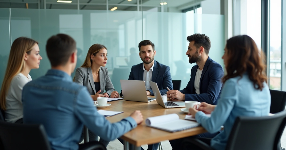 Equipe em reunião com expressões contidas e distanciamento entre colegas 