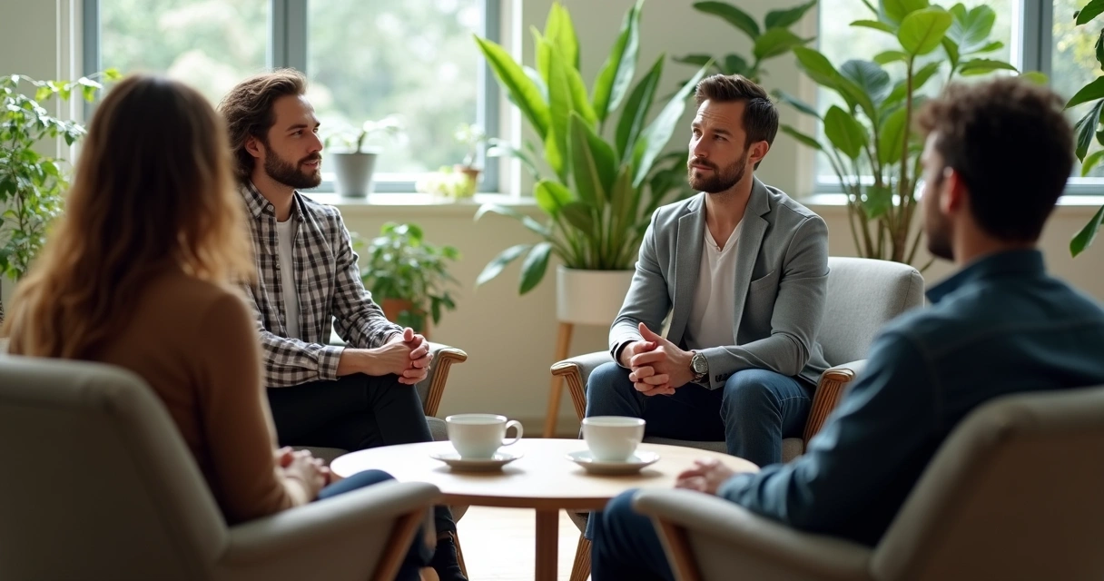 Colaboradores sentados em círculo durante uma reunião informal, ambiente acolhedor com luz natural e plantas ao fundo 