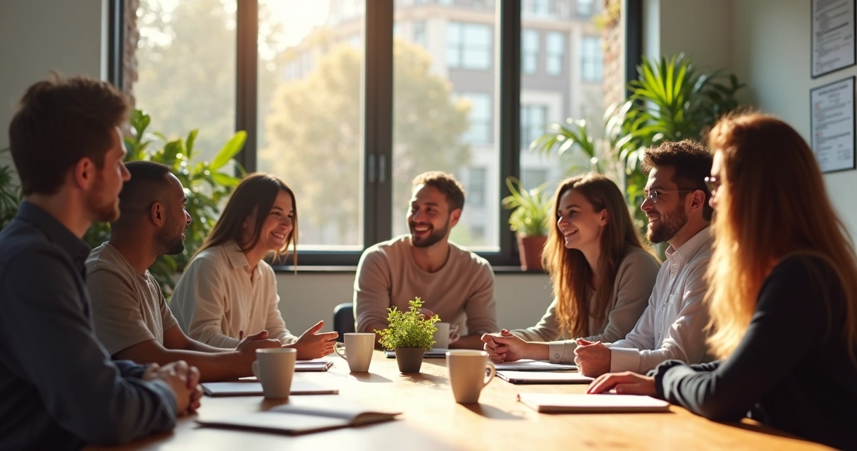 Colaboradores sorrindo em reunião ao redor de uma mesa, ambiente iluminado, clima amigável.