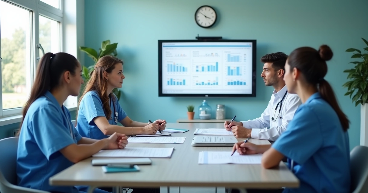 Equipe de saúde em reunião com dados de atendimento