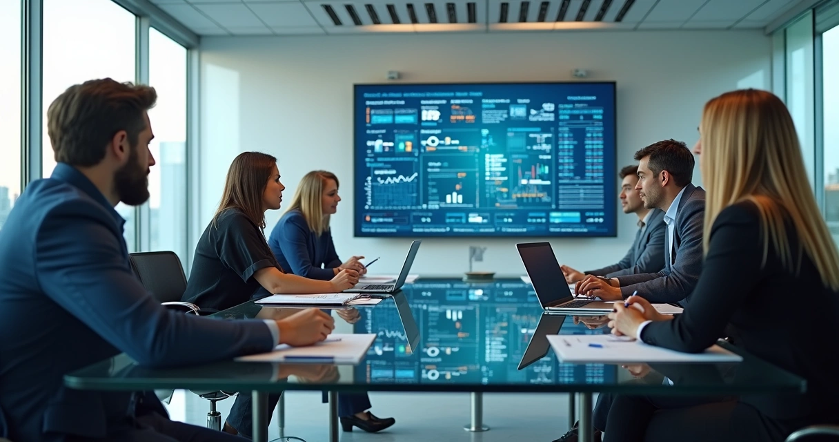 Equipe em reunião de alinhamento entre SDR terceirizado e gestores de vendas em ambiente moderno 