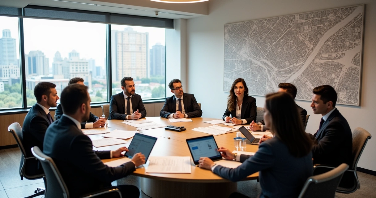 Reunião de membros da Secretaria Municipal de Habitação de São Paulo discutindo políticas de HIS e HMP em mesa redonda com documentos. 