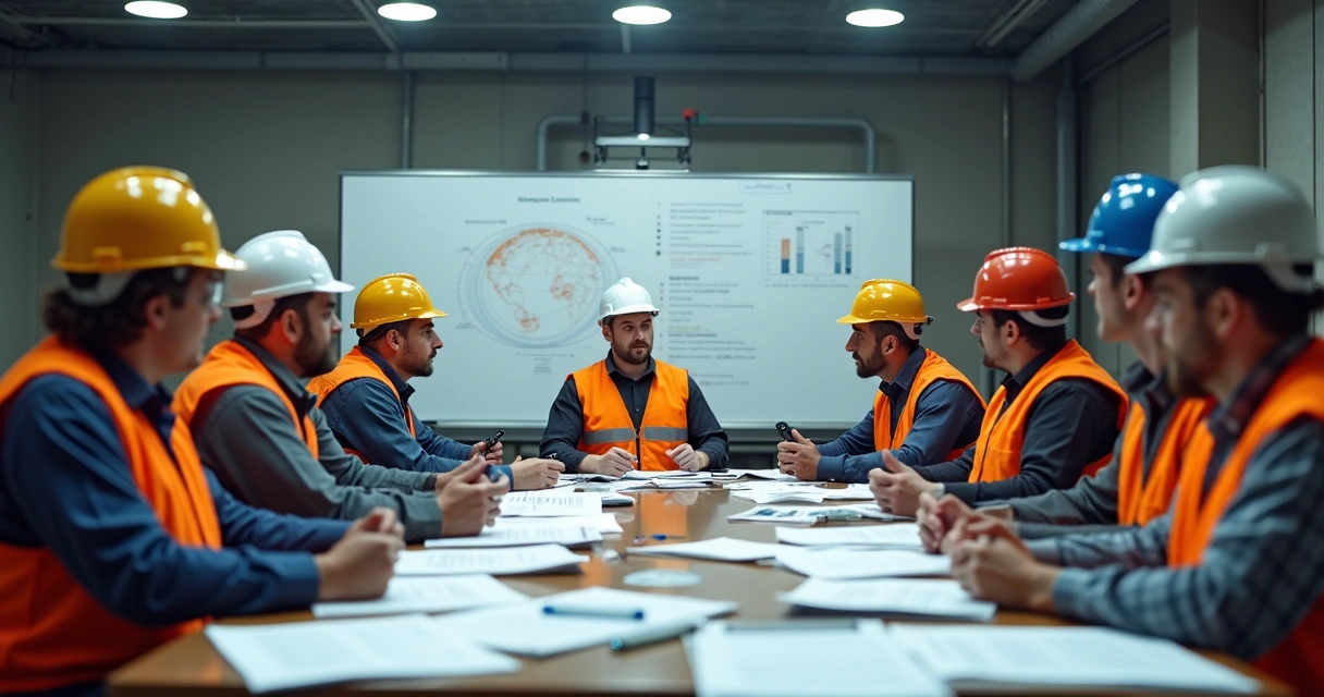 Equipe em reunião de segurança industrial com EPI 