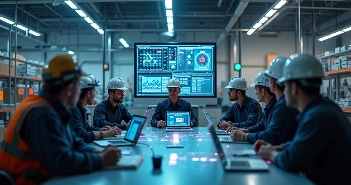 Equipe de fábrica reunida discutindo proteção de dados no chão de produção