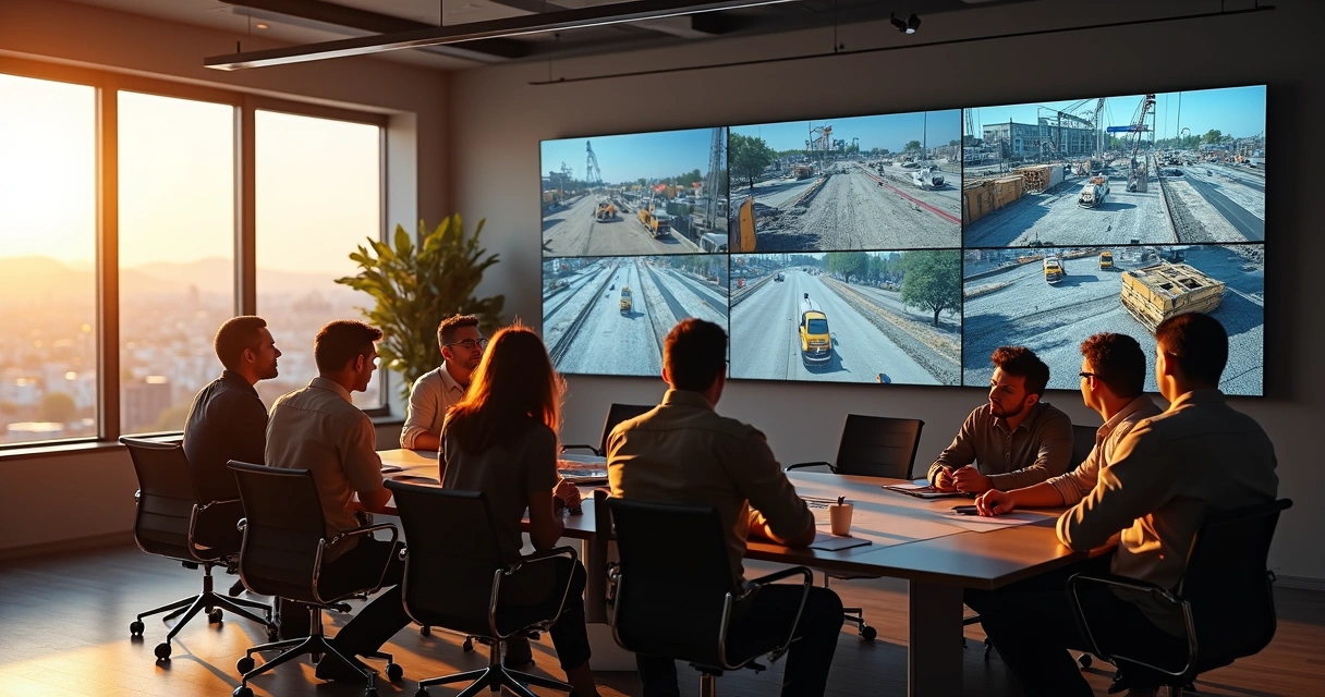Equipe discutindo monitoramento em sala de obra com telas de câmeras 