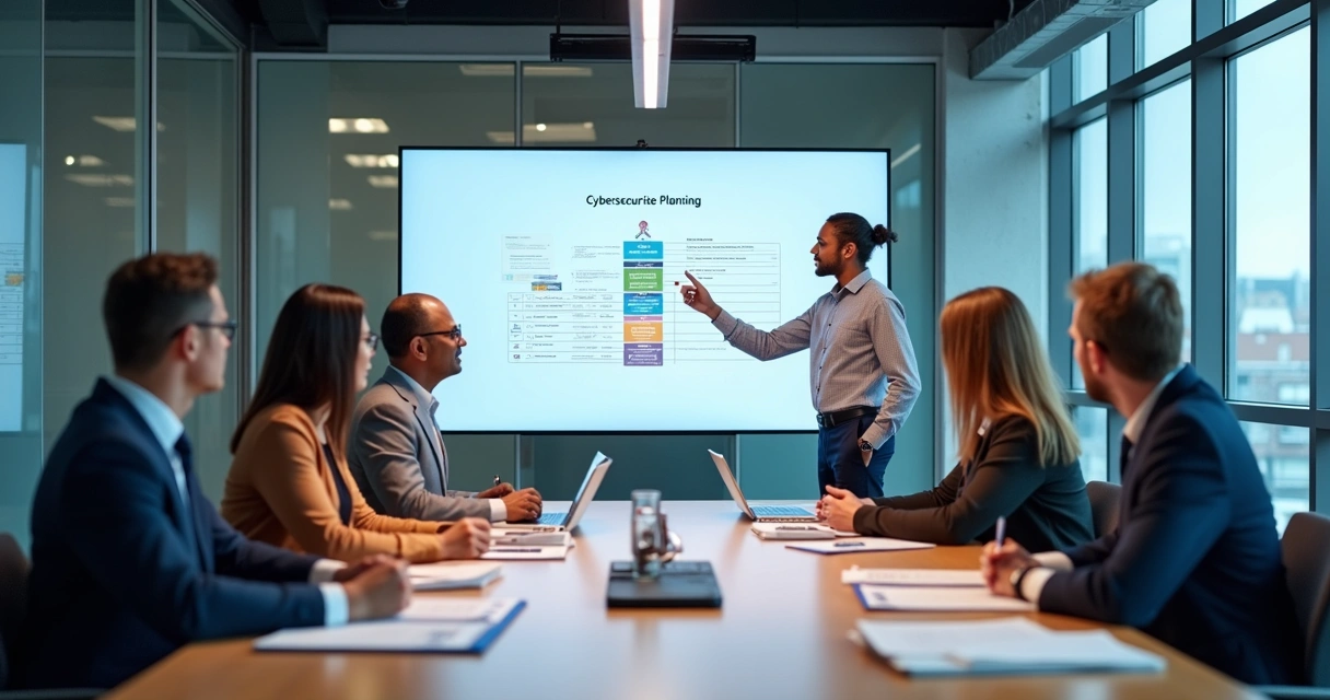 Profissionais de tecnologia discutindo segurança digital em mesa de reunião 