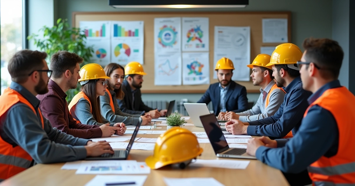 Profissionais discutindo em reunião de segurança do trabalho em escritório moderno 