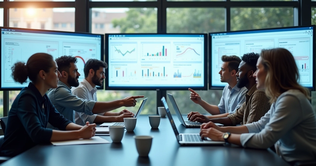 Erros comuns ao contratar software de prospecção B2B 2 Equipe de vendas analisando diferentes ferramentas digitais na tela