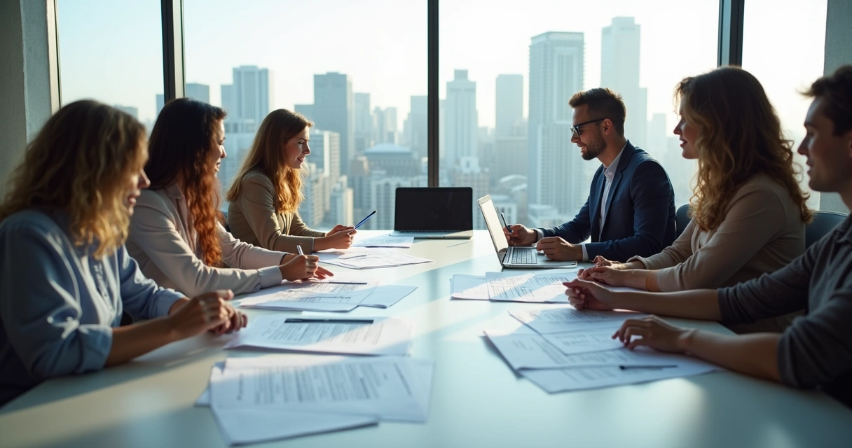 Consultores imobiliários analisando lista de nomes para nova imobiliária 