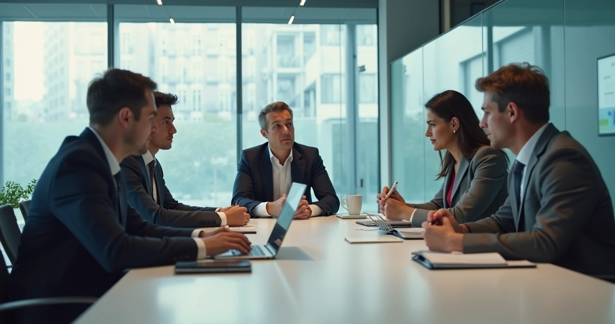 Equipe em reunião com líder olhando para o notebook e pessoas em silêncio 