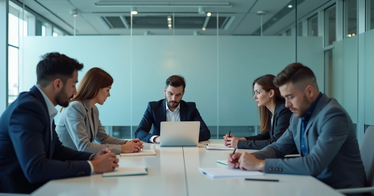 Líder em reunião enquanto equipe permanece em silêncio 