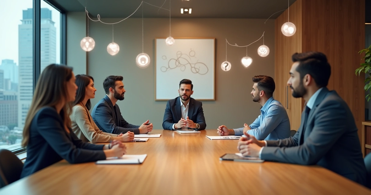 Equipe em reunião observando pensamentos suspensos em formato de ícones no ar 