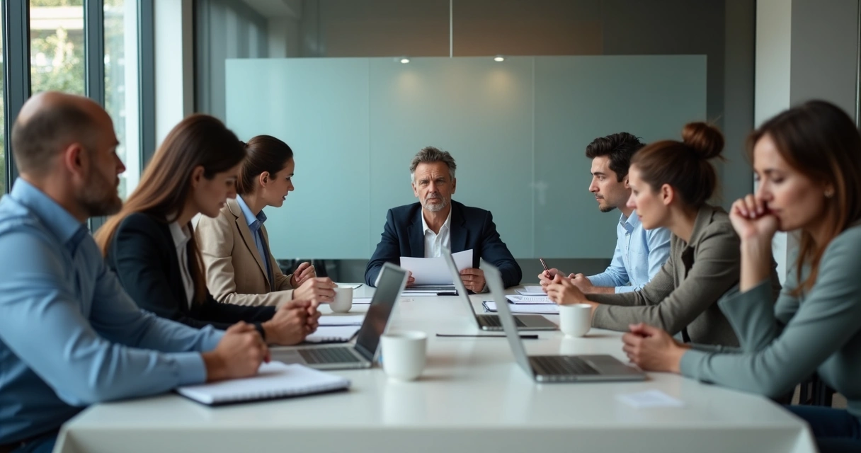 Equipe em reunião silenciosa com clima de distanciamento 