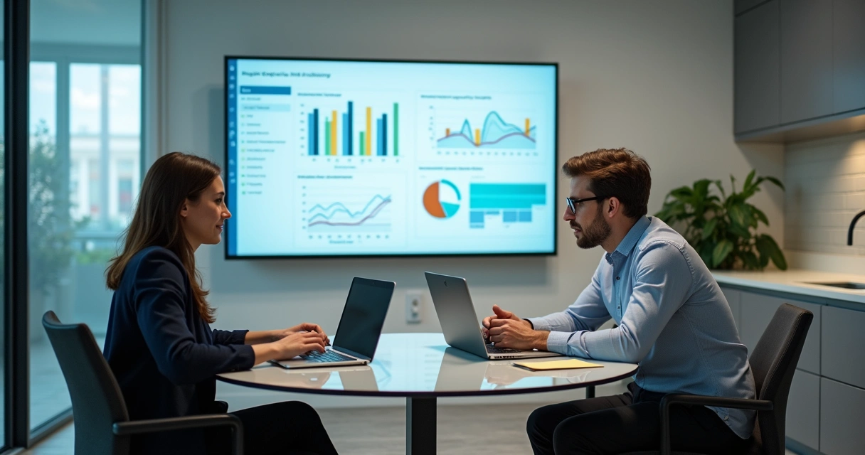 Reunião semanal entre gestor de clínica odontológica e consultor de marketing analisando resultados 