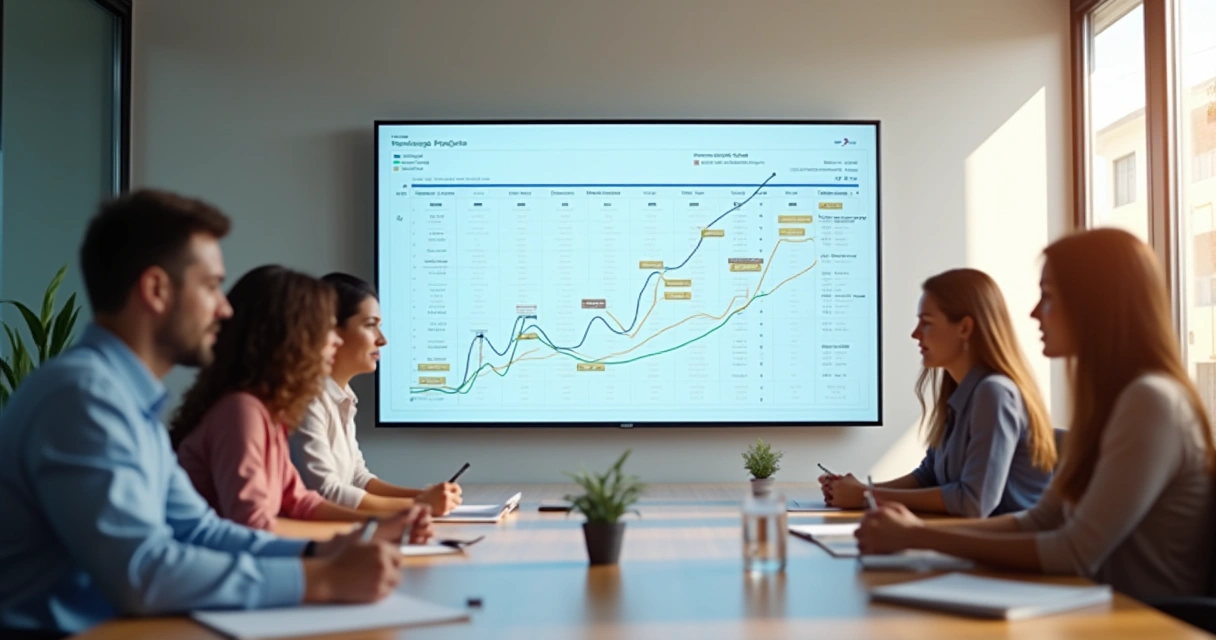 Sala de reunião com equipe comercial revendo pipeline de vendas, tela grande com funil atualizado 