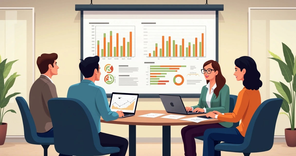 Equipe analisando gráficos de desempenho em sala de reunião de PME. 