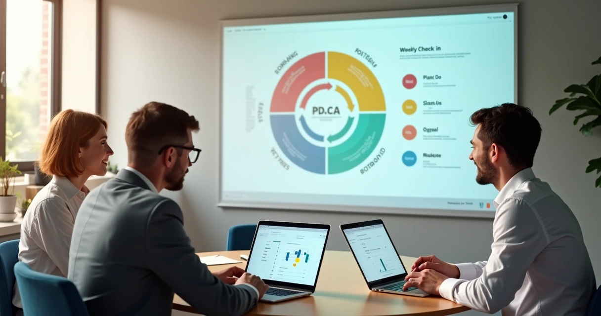 Time pequeno em reunião rápida ao redor de mesa redonda com ciclo PDCA projetado na parede 