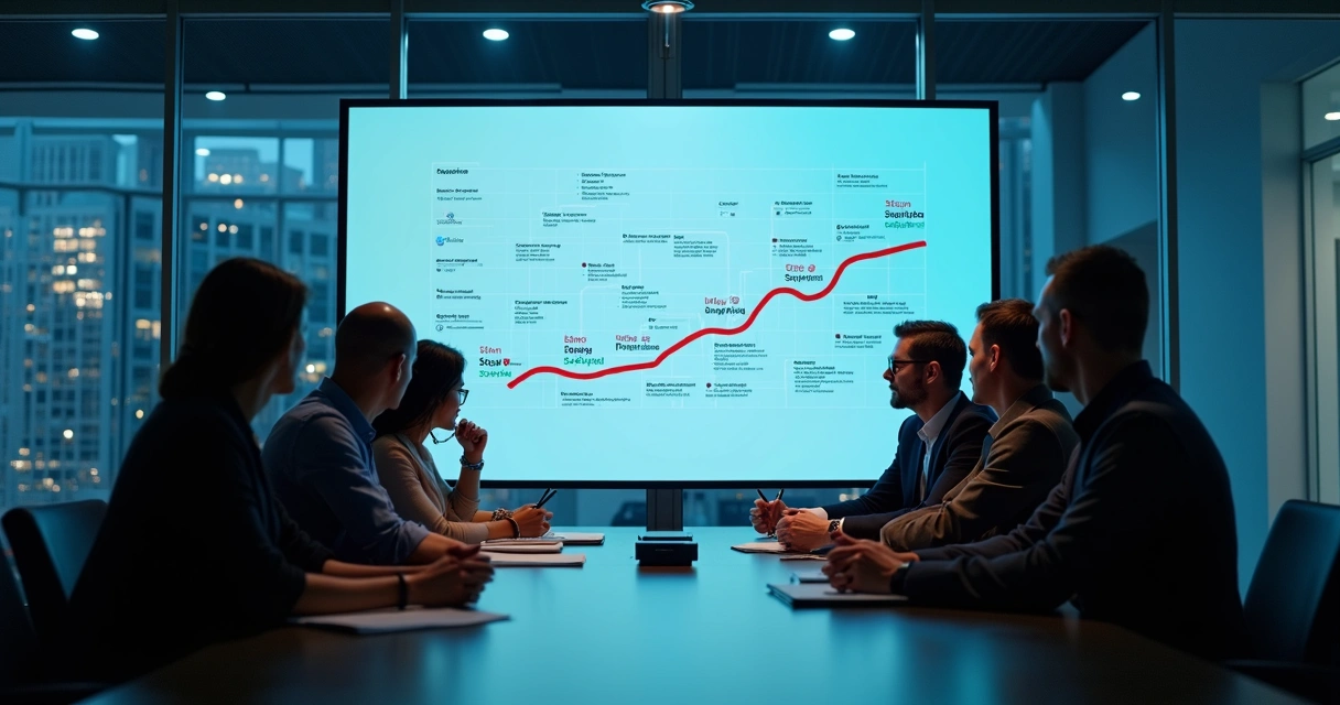 Reunião semanal de vendas revendo pipeline no escritório