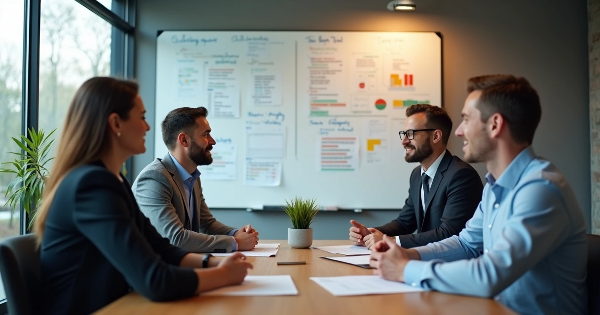 Equipe reunida em mesa pequena discutindo indicadores pendurados na parede. 