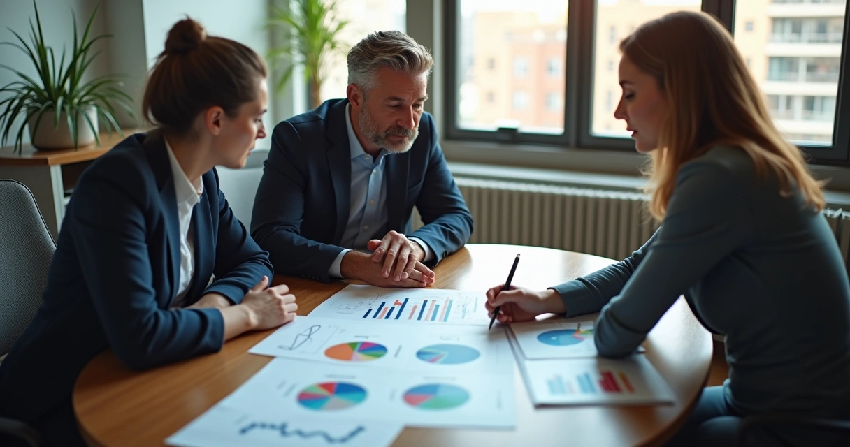 Pequeno time comercial em reunião semanal, ao redor de mesa com gráficos e planilhas 