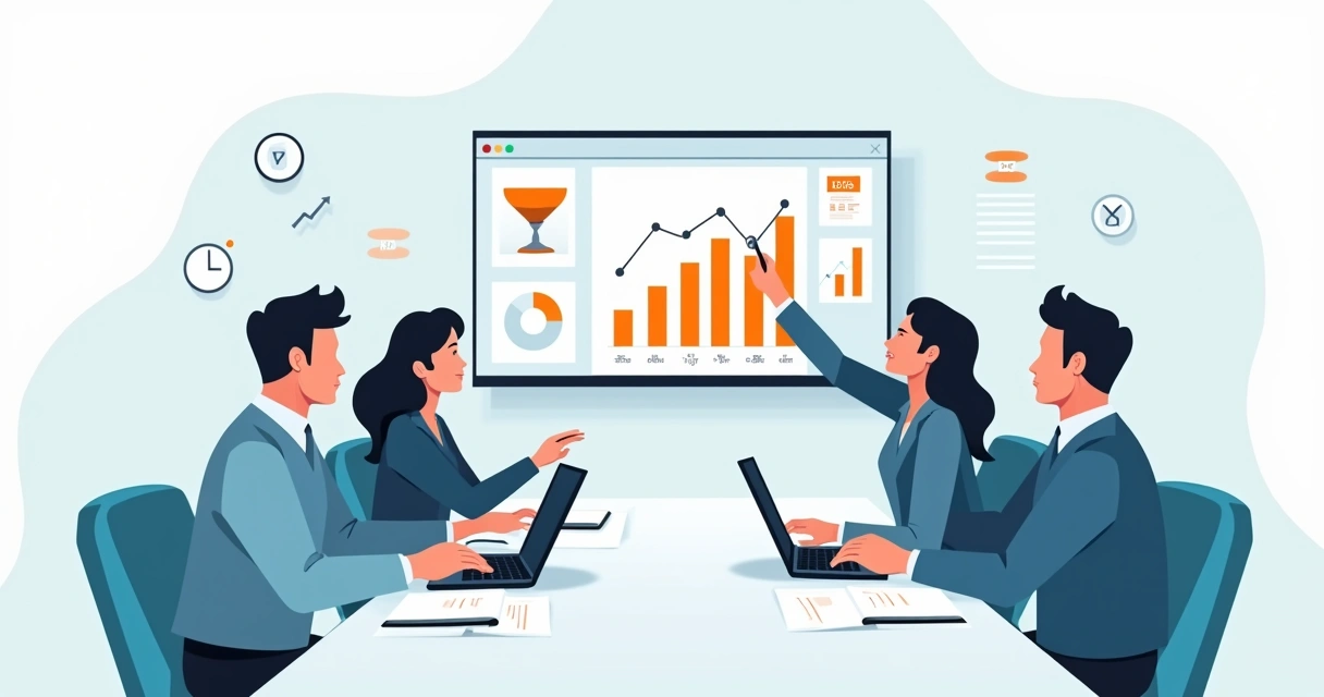 Time comercial em reunião semanal avaliando funil de vendas em tela grande 