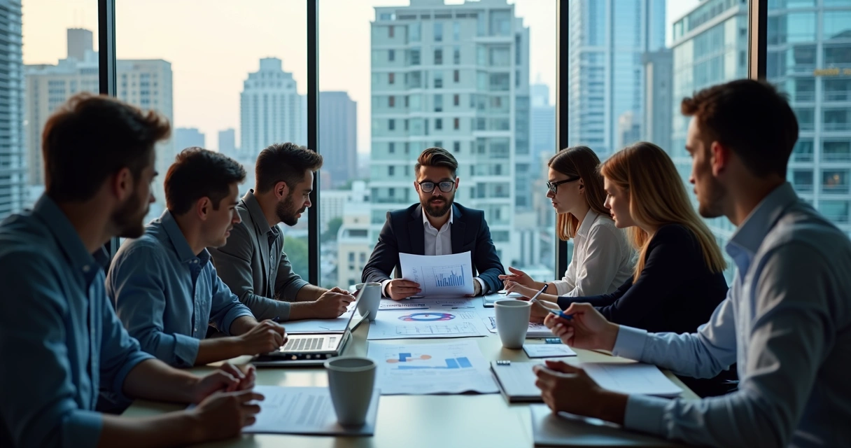 Equipe de finanças analisando estratégia de comunicação 