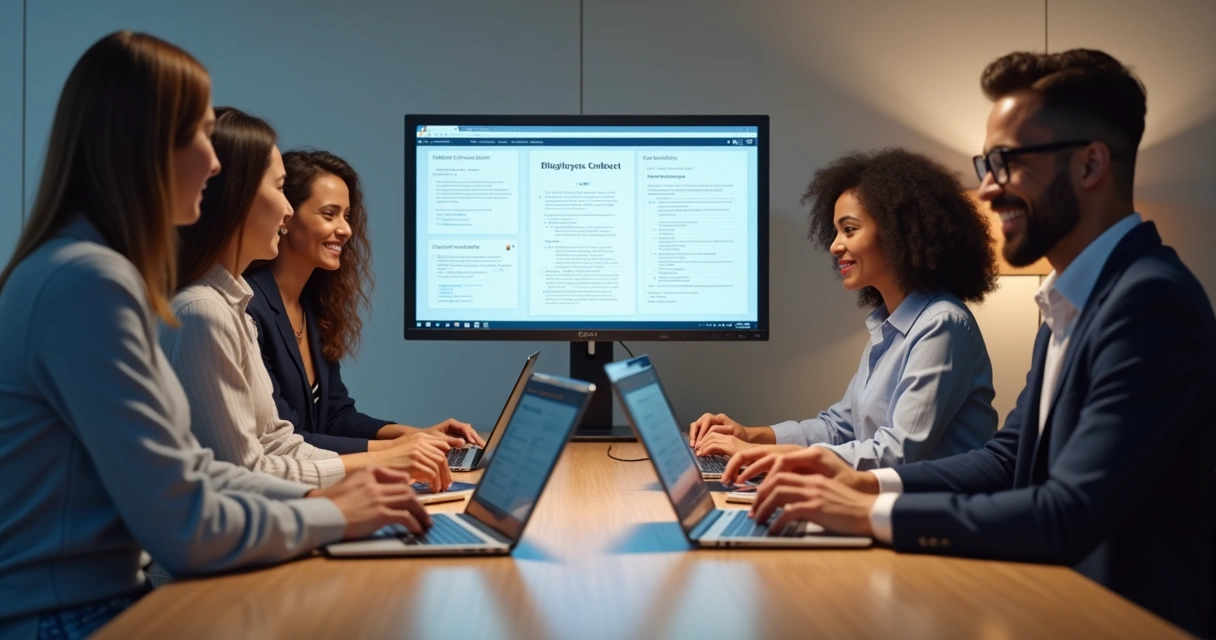 Equipe em reunião analisando contratos digitais na tela de um computador 