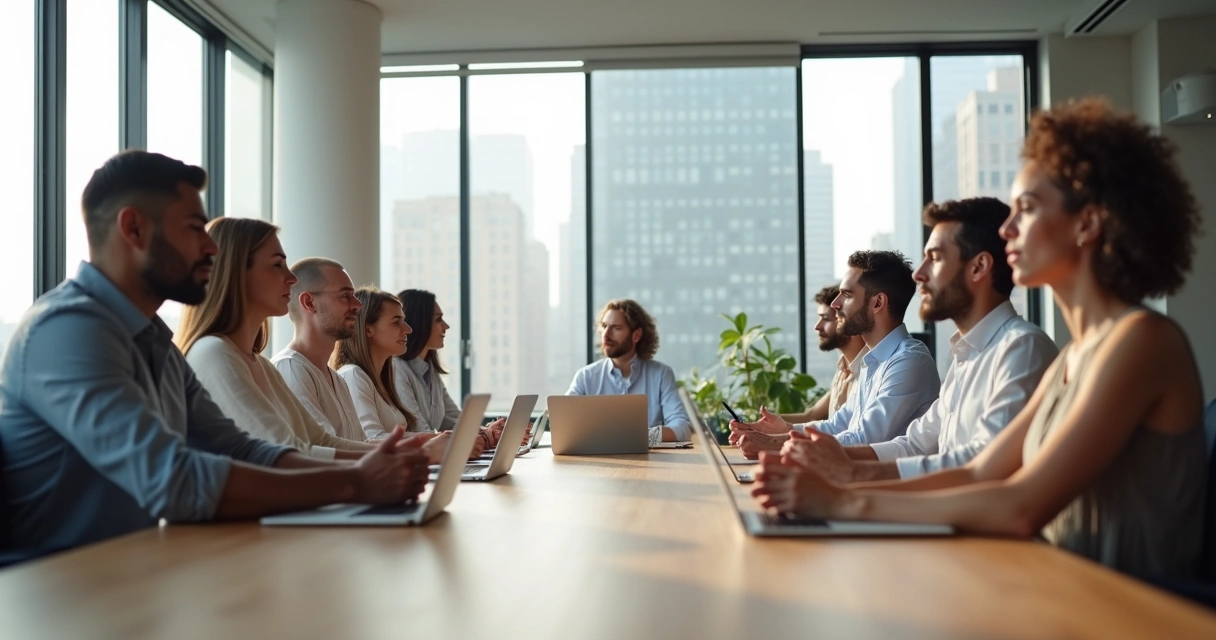 Equipe em reunião silenciosa praticando atenção plena ao redor da mesa 
