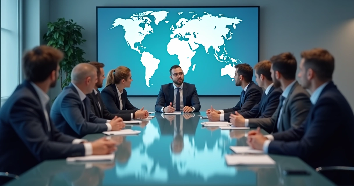 Reunião corporativa com participantes calados e liderança ao centro 