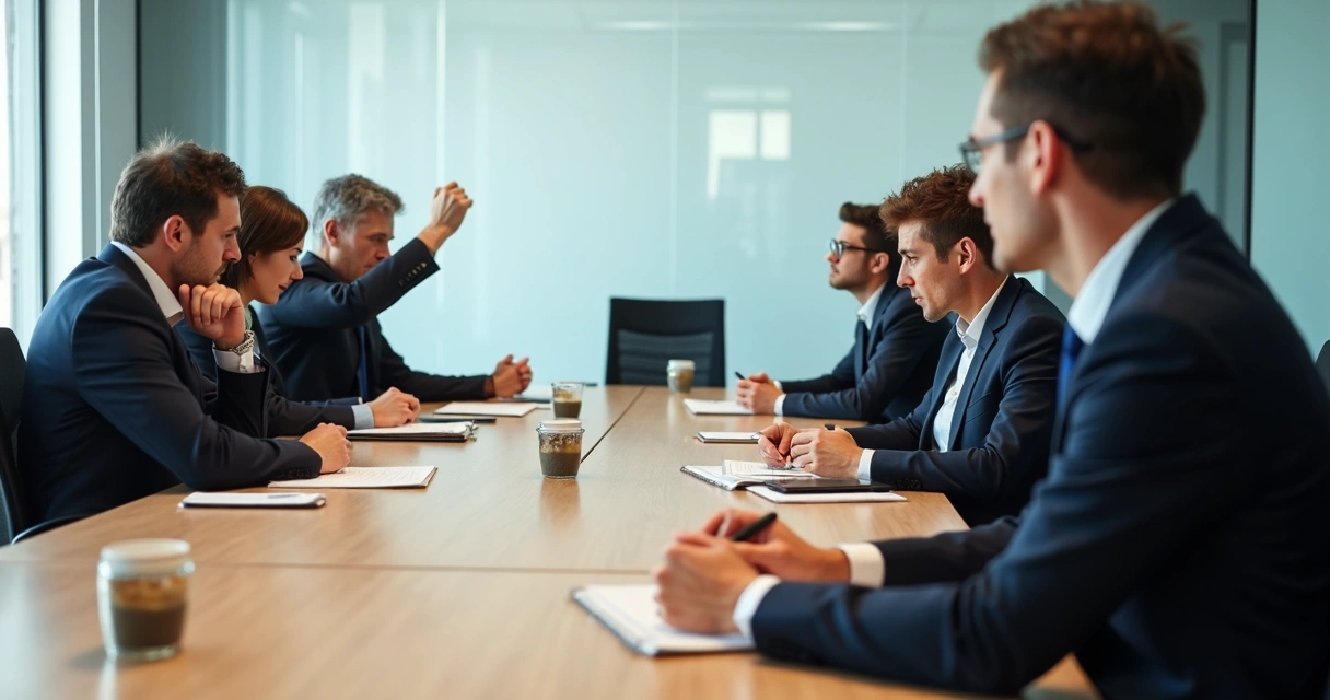 Equipe em reunião silenciosa com liderança ao fundo