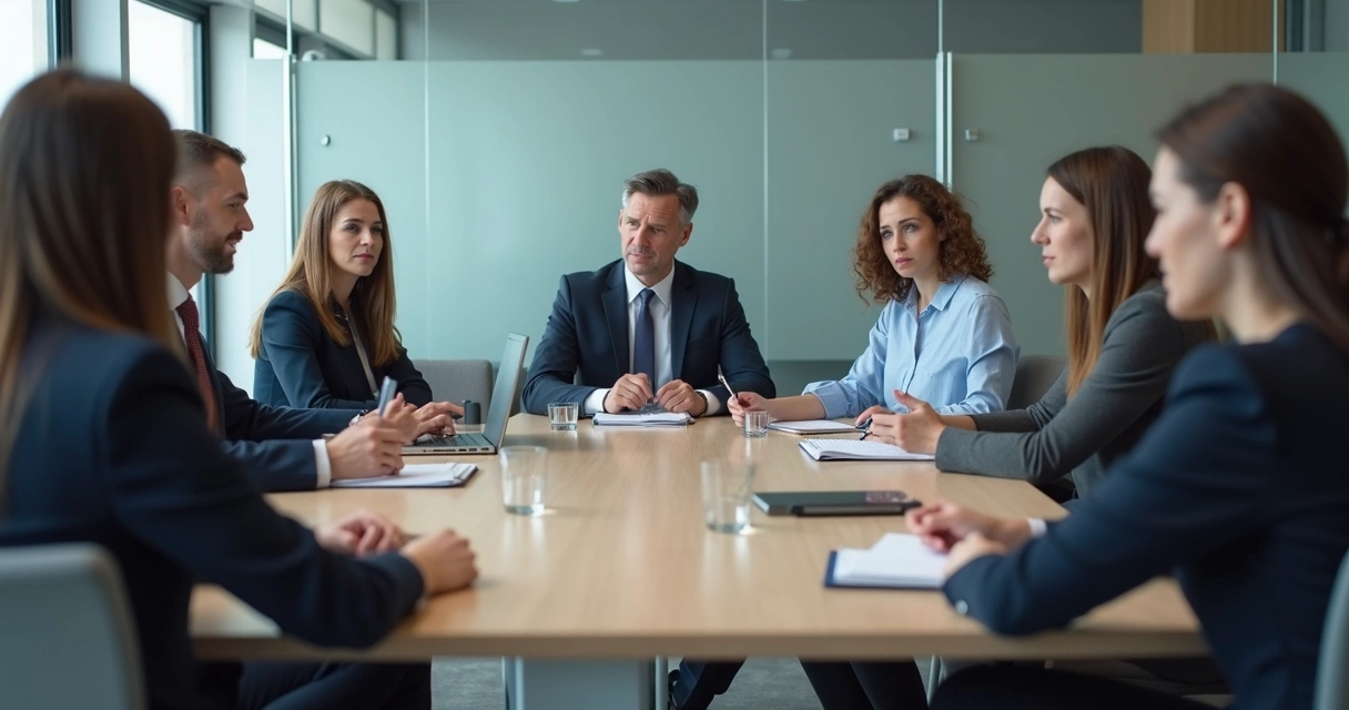 Equipe em reunião com clima tenso e pessoas em silêncio 