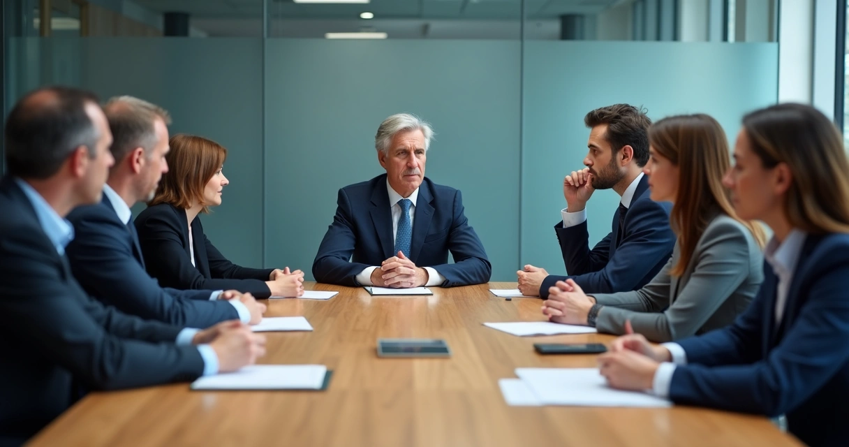 Equipe em reunião silenciosa com tensão visível
