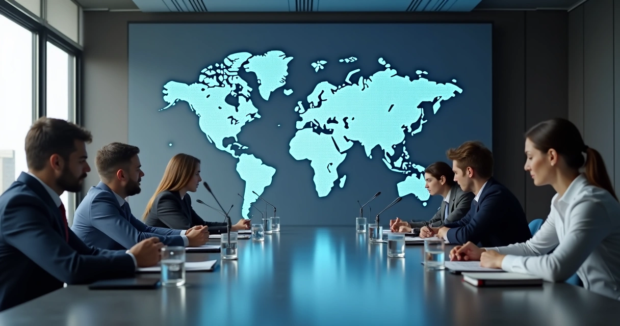 Mesa de reunião com pessoas caladas e mapa digital ao fundo