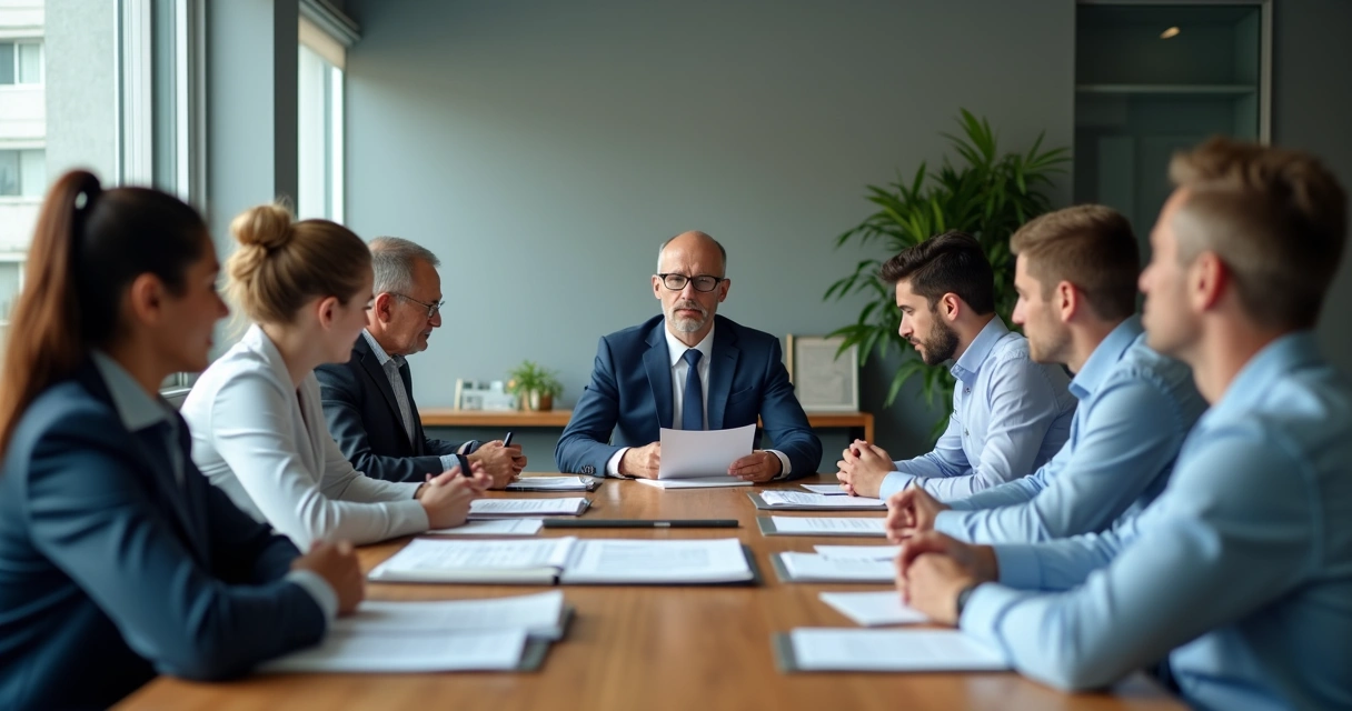 Grupo em reunião silenciosa observando uma proposta na mesa