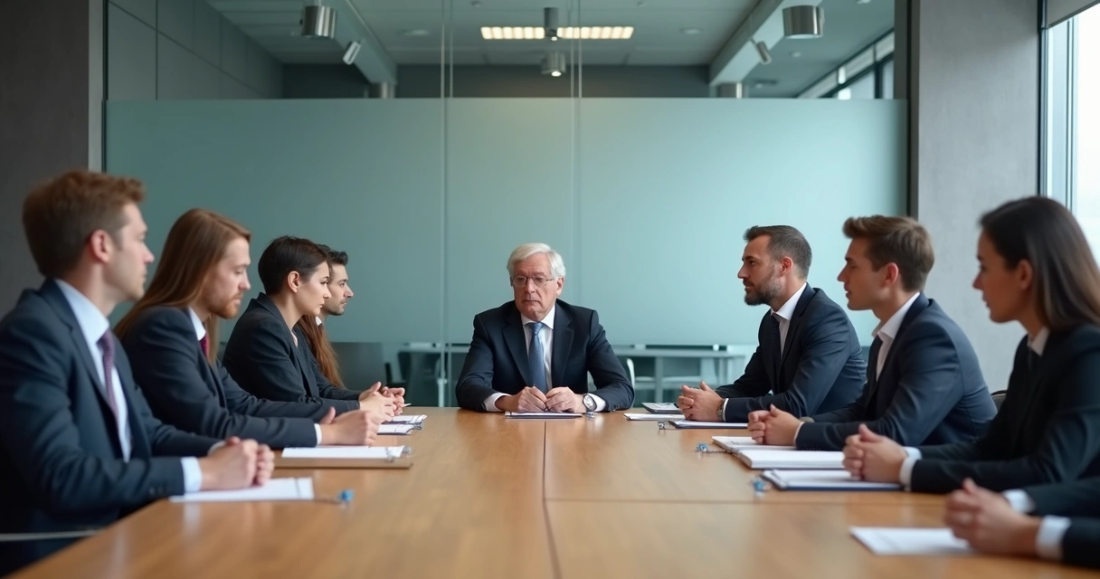 Reunião formal com pessoas caladas em uma mesa longa 
