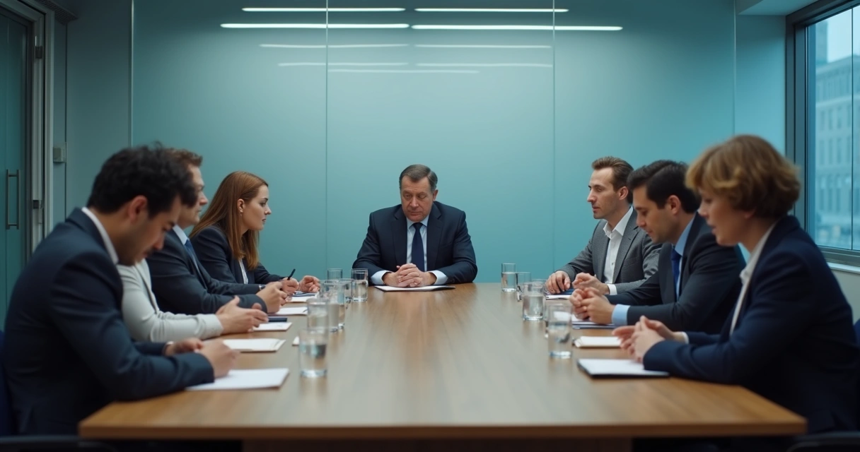 Grupo em reunião silenciosa diante de decisão institucional