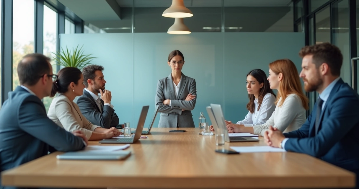 Equipe em reunião com posturas corporais diferentes e expressões contidas 